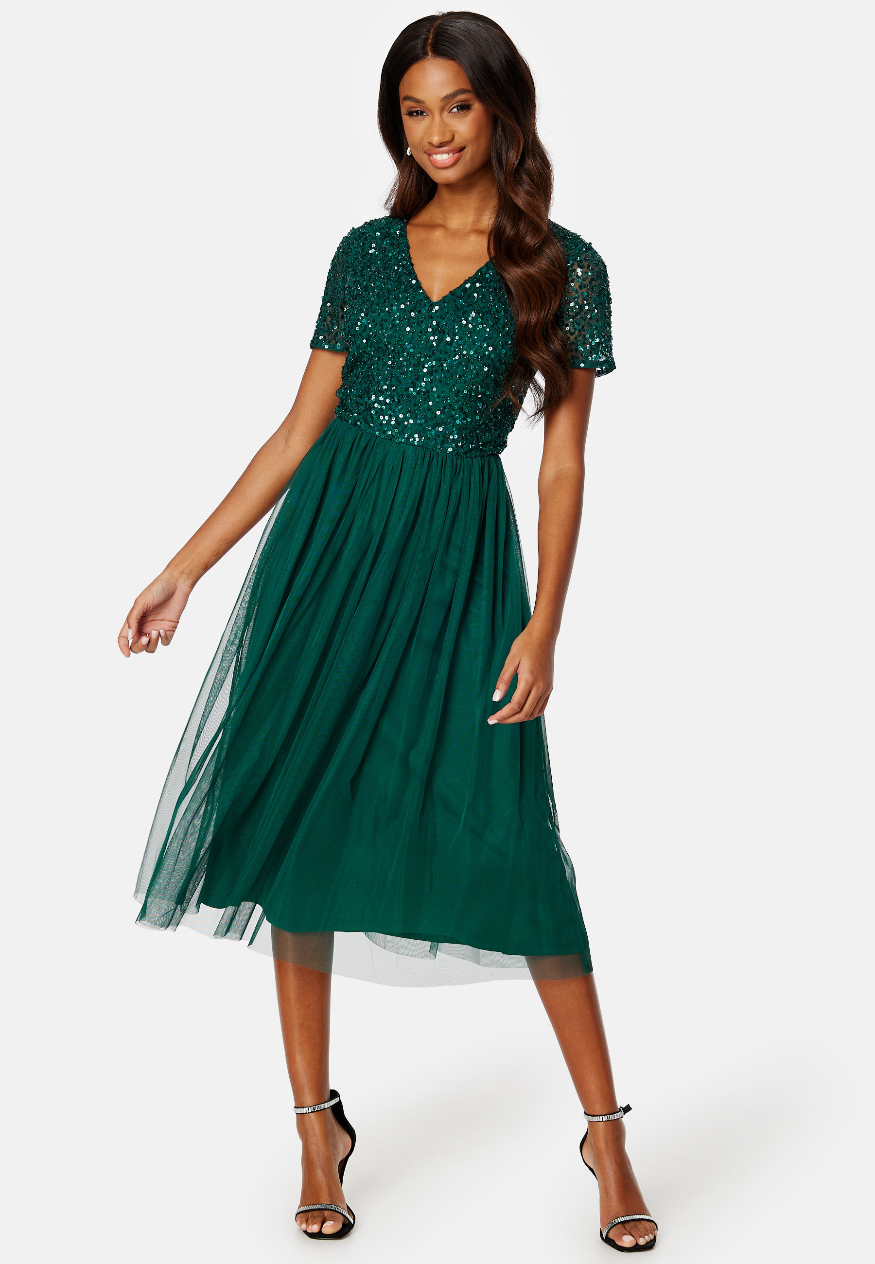 Short Sleeve Sequin Embellished Midi Dress