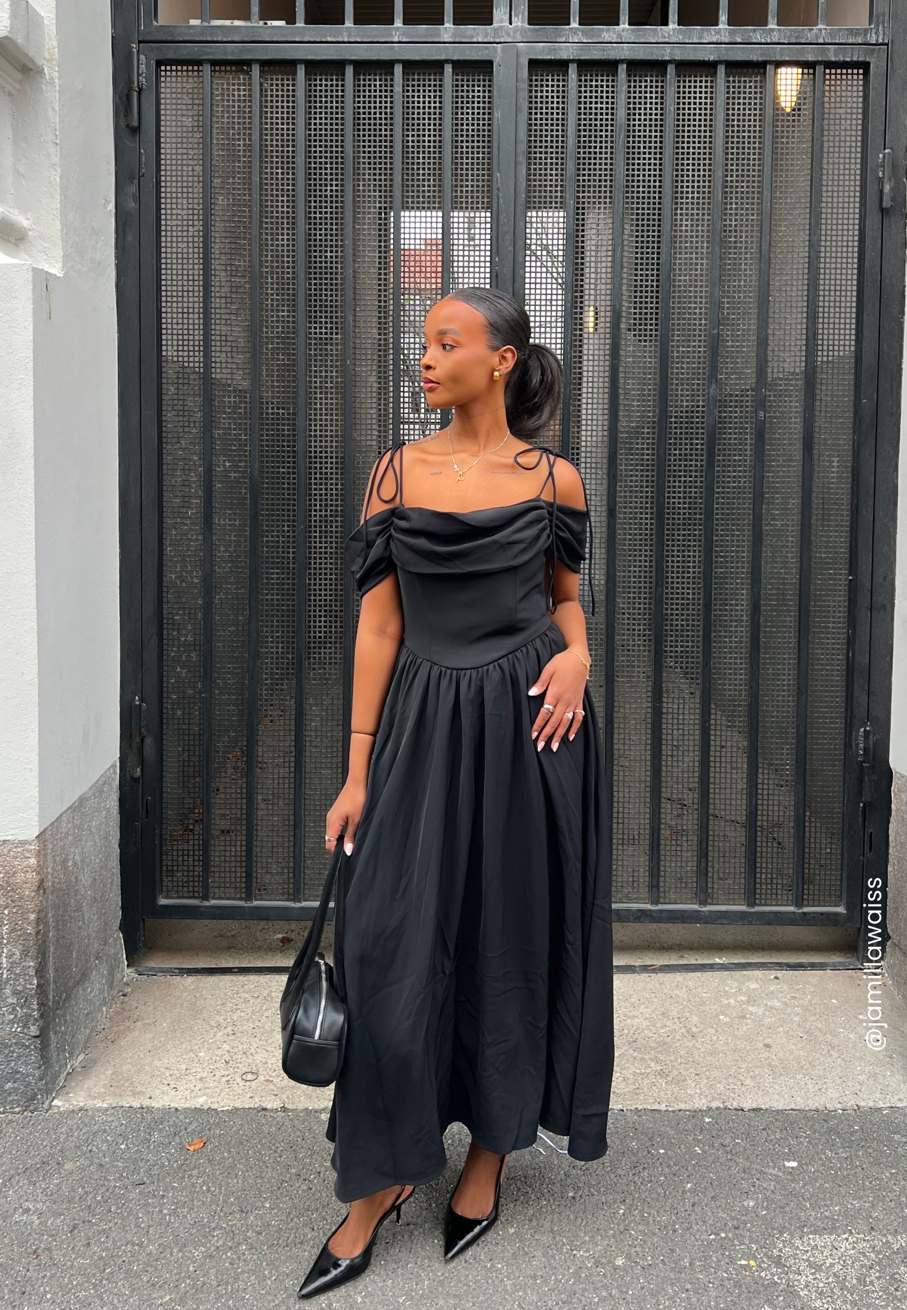 Draped Off Shoulder Corset Midi Dress