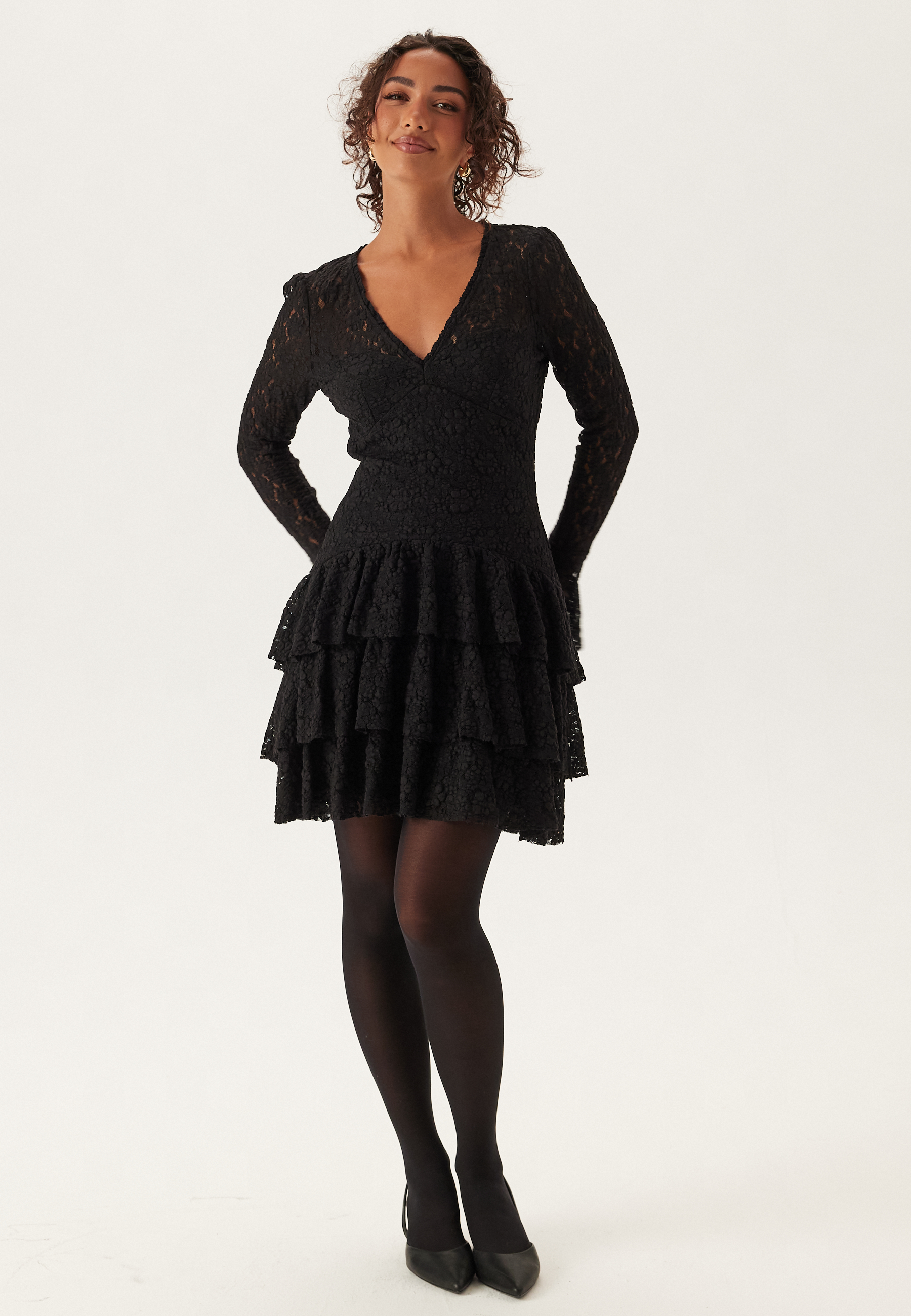 Frill Lace Long Sleeve Short Dress 2