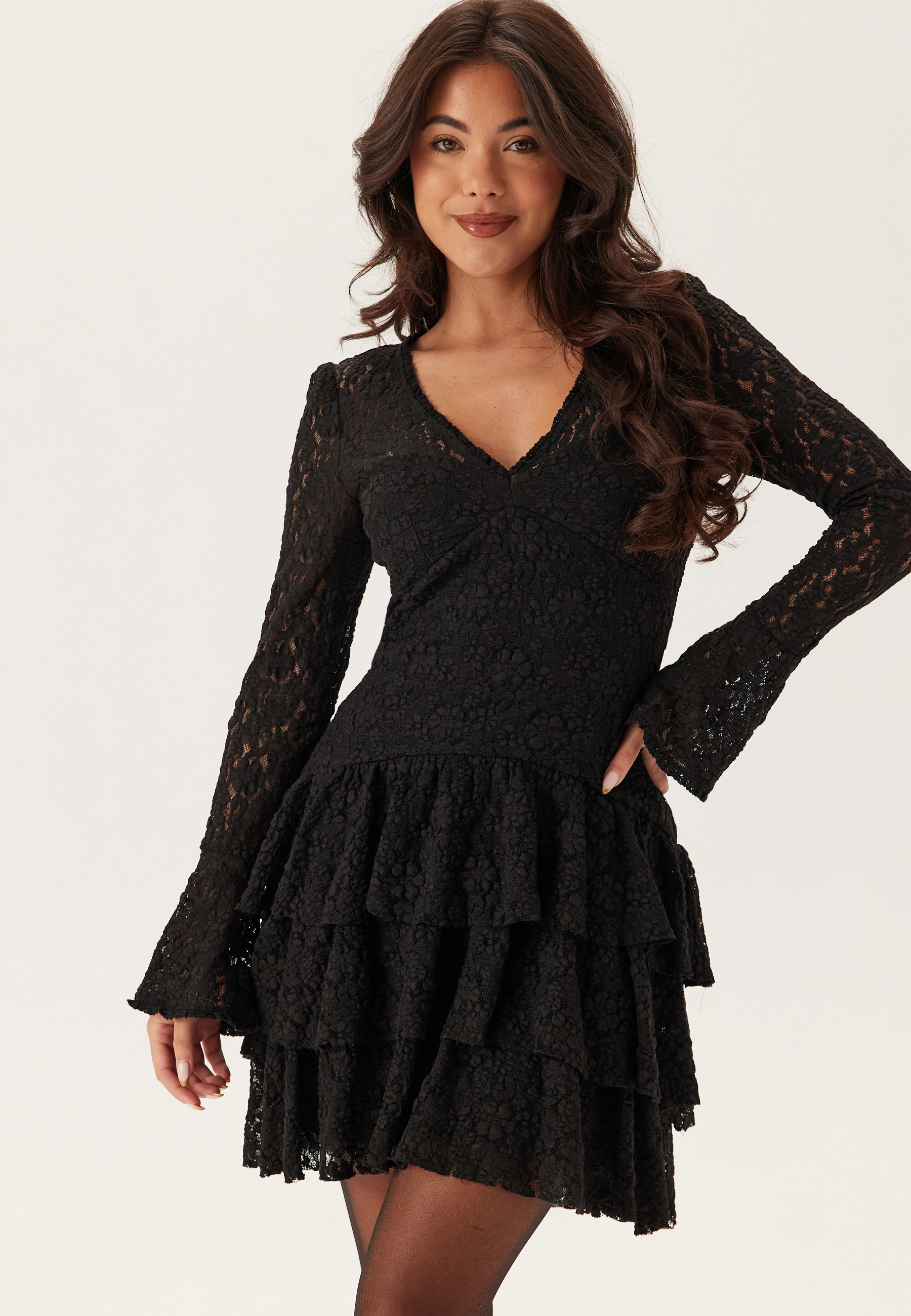 Frill Lace Long Sleeve Short Dress