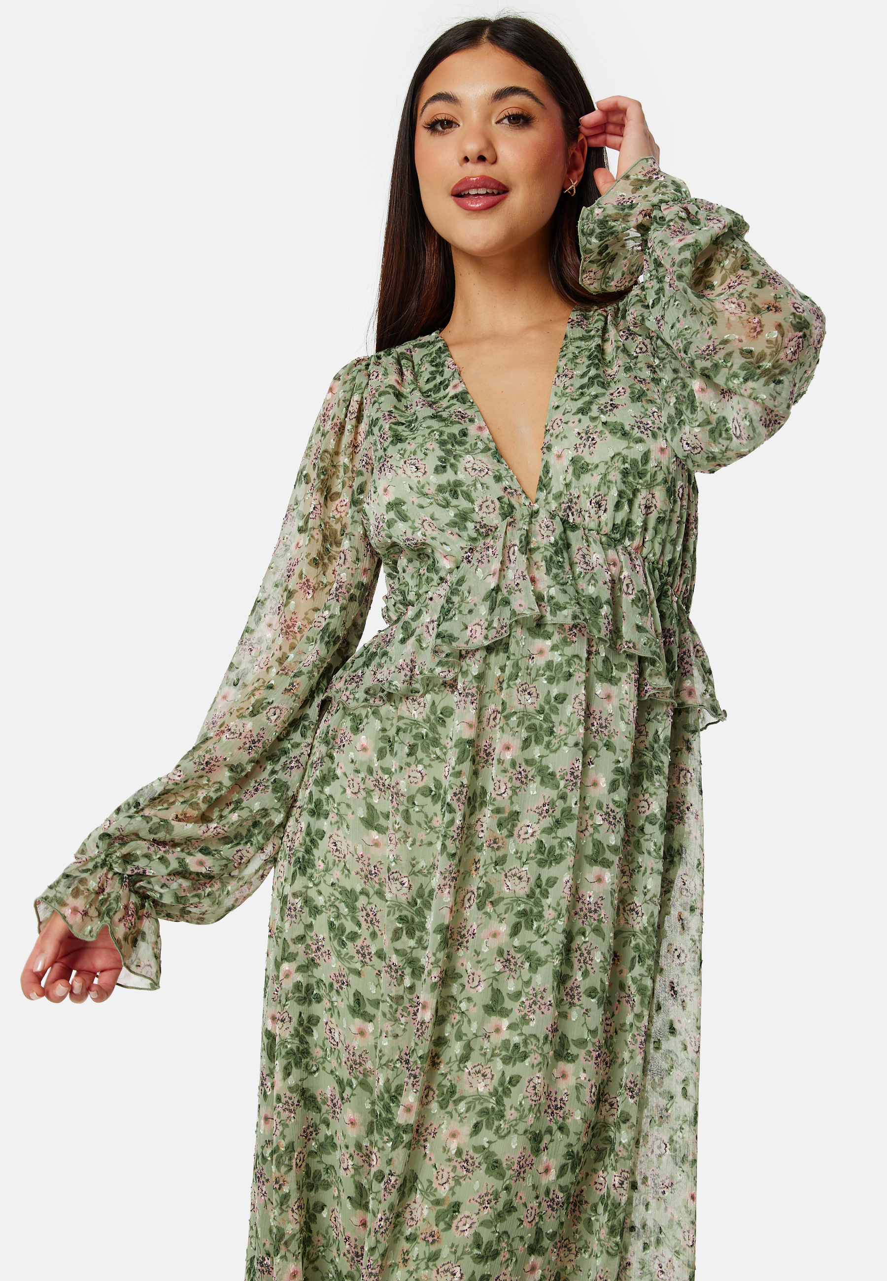 Frill L/S Chiffon Midi Dress