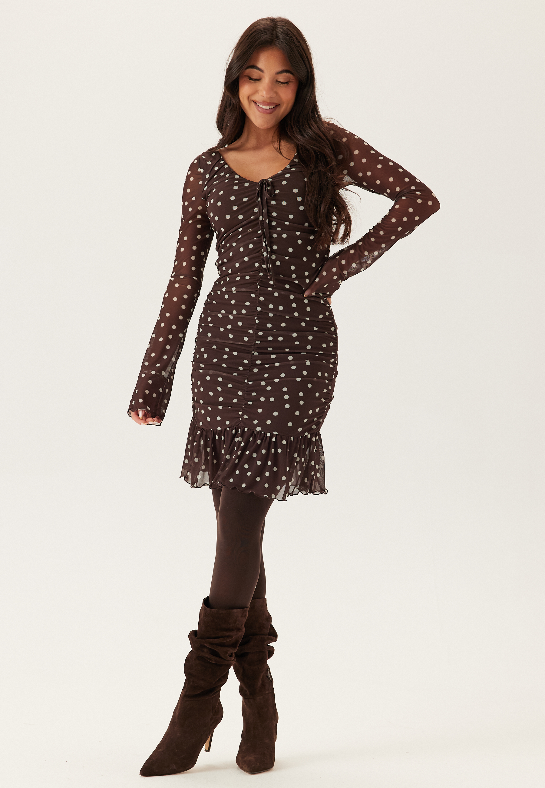 Ruched Mesh Frill Dress