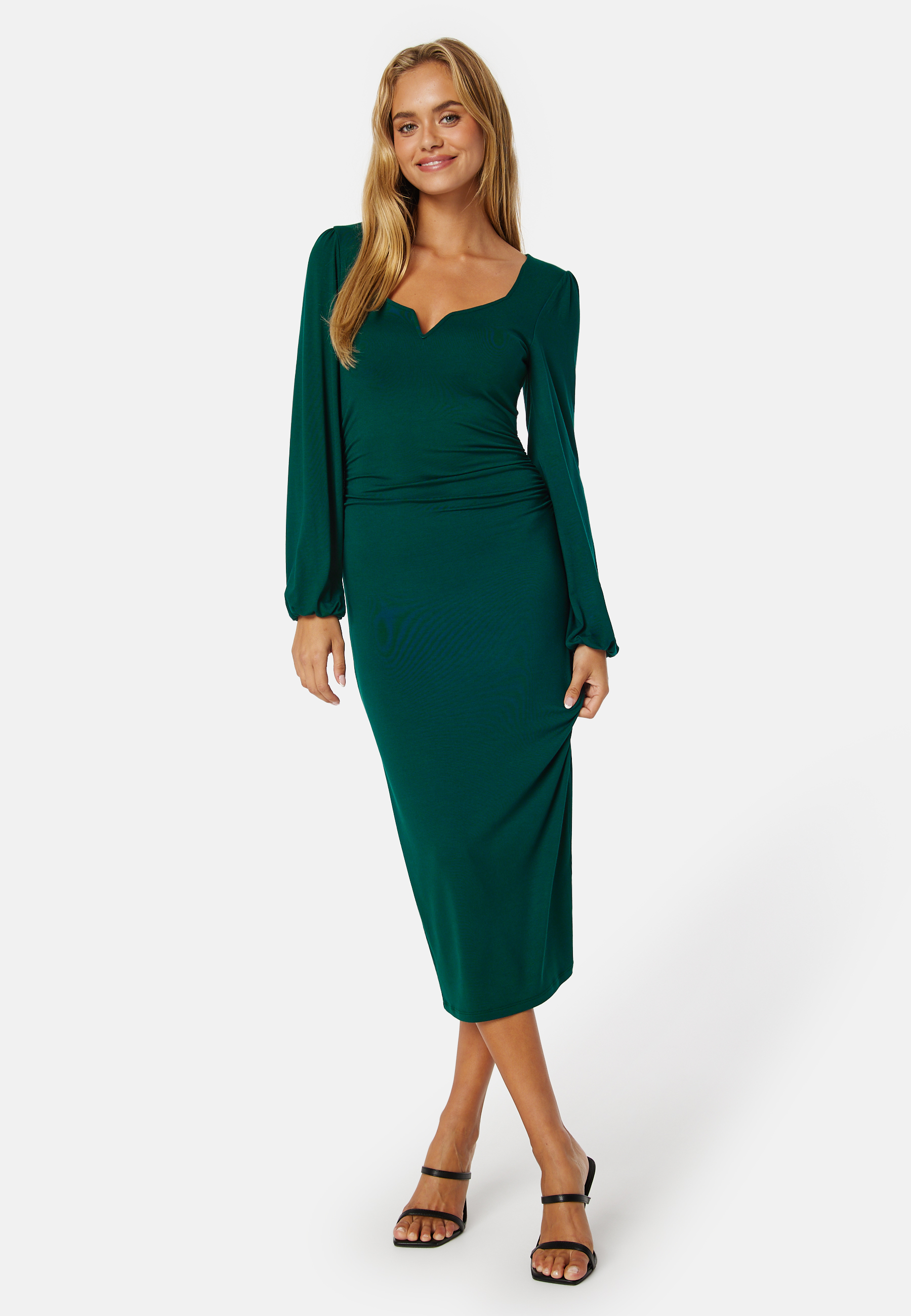 Square V-neck Puff Sleeve Midi Dress