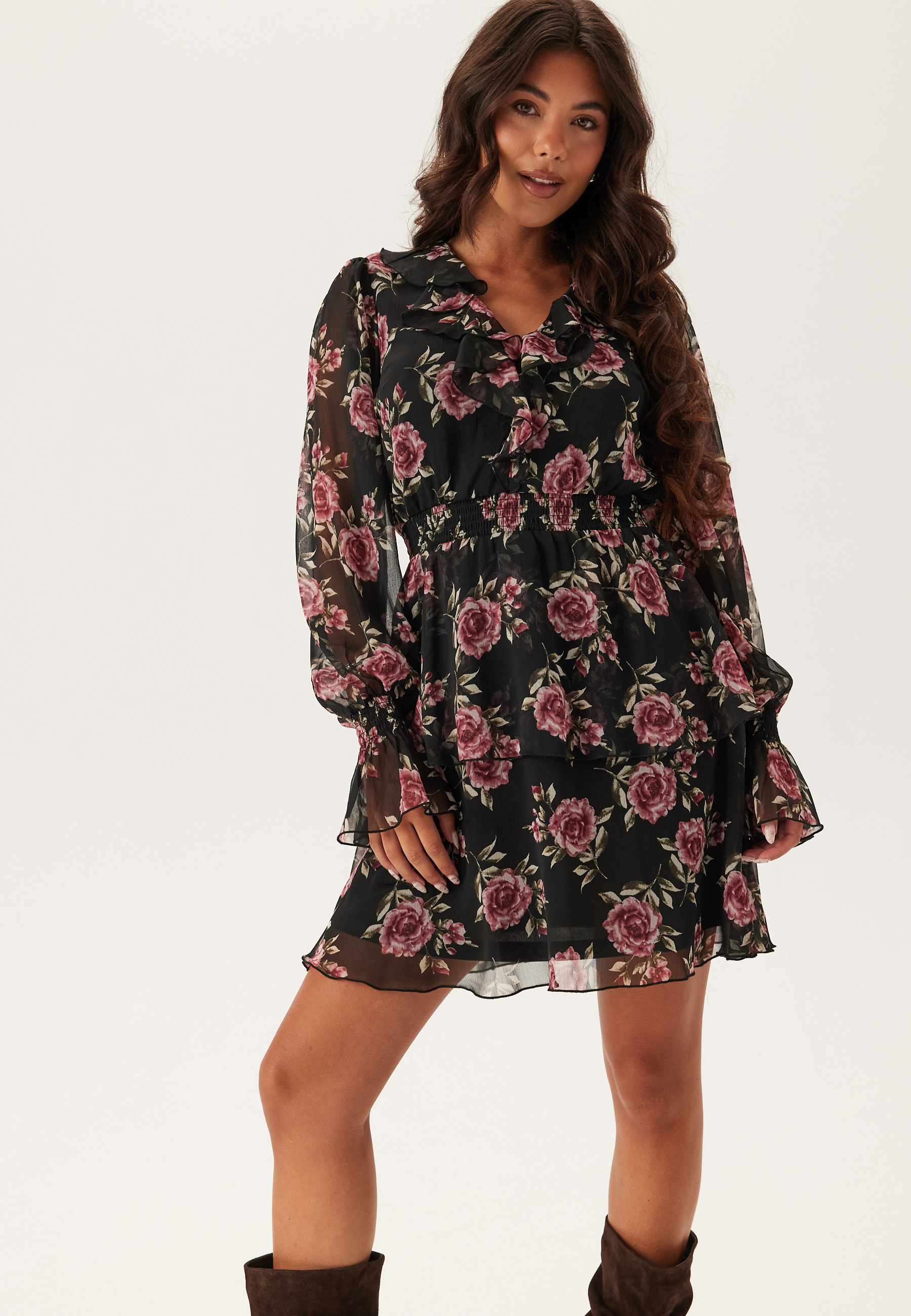 V-neck Frill L/S Chiffon Dress 2