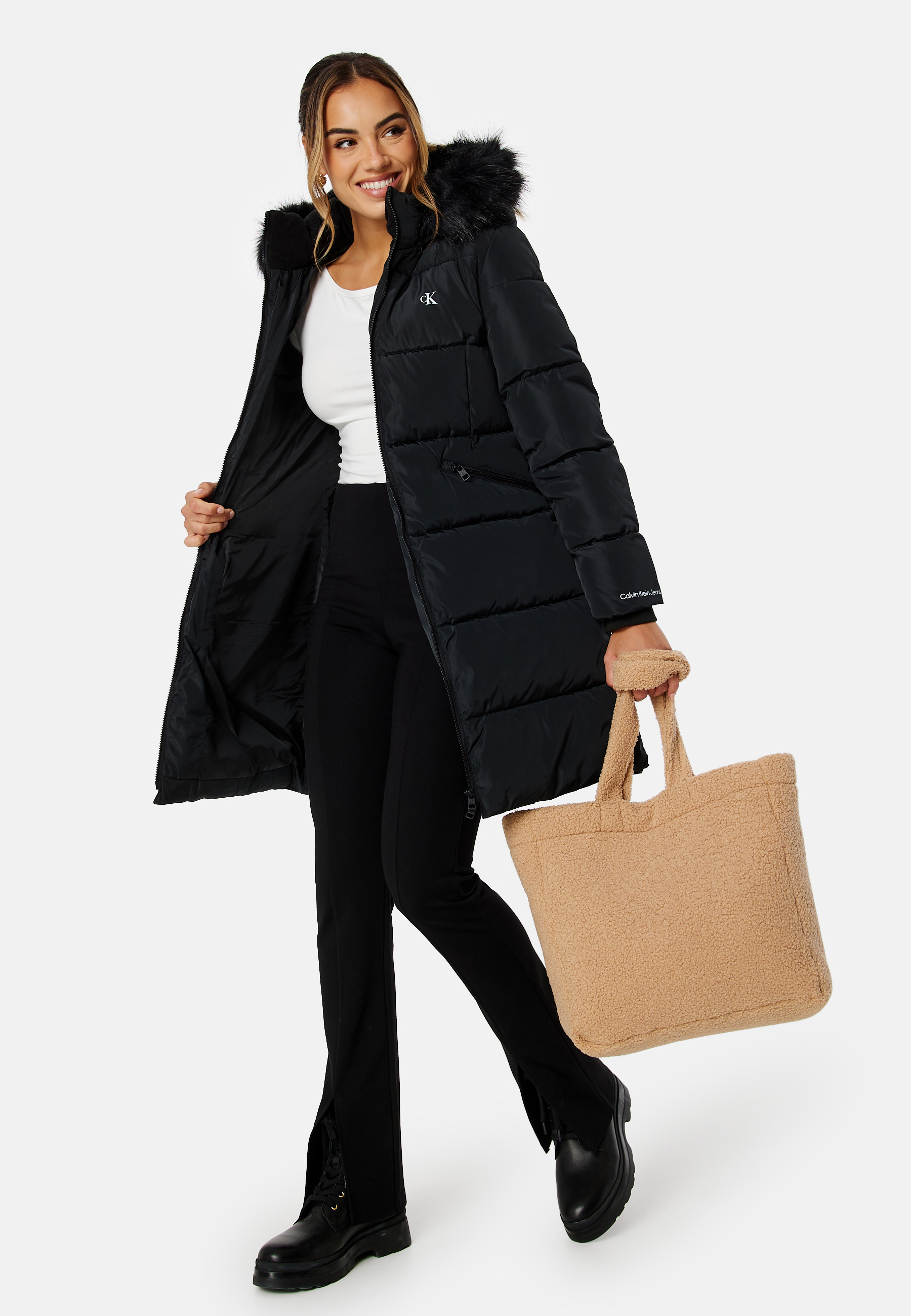 Faux Fur Hooded Fitted Long Jacket 2