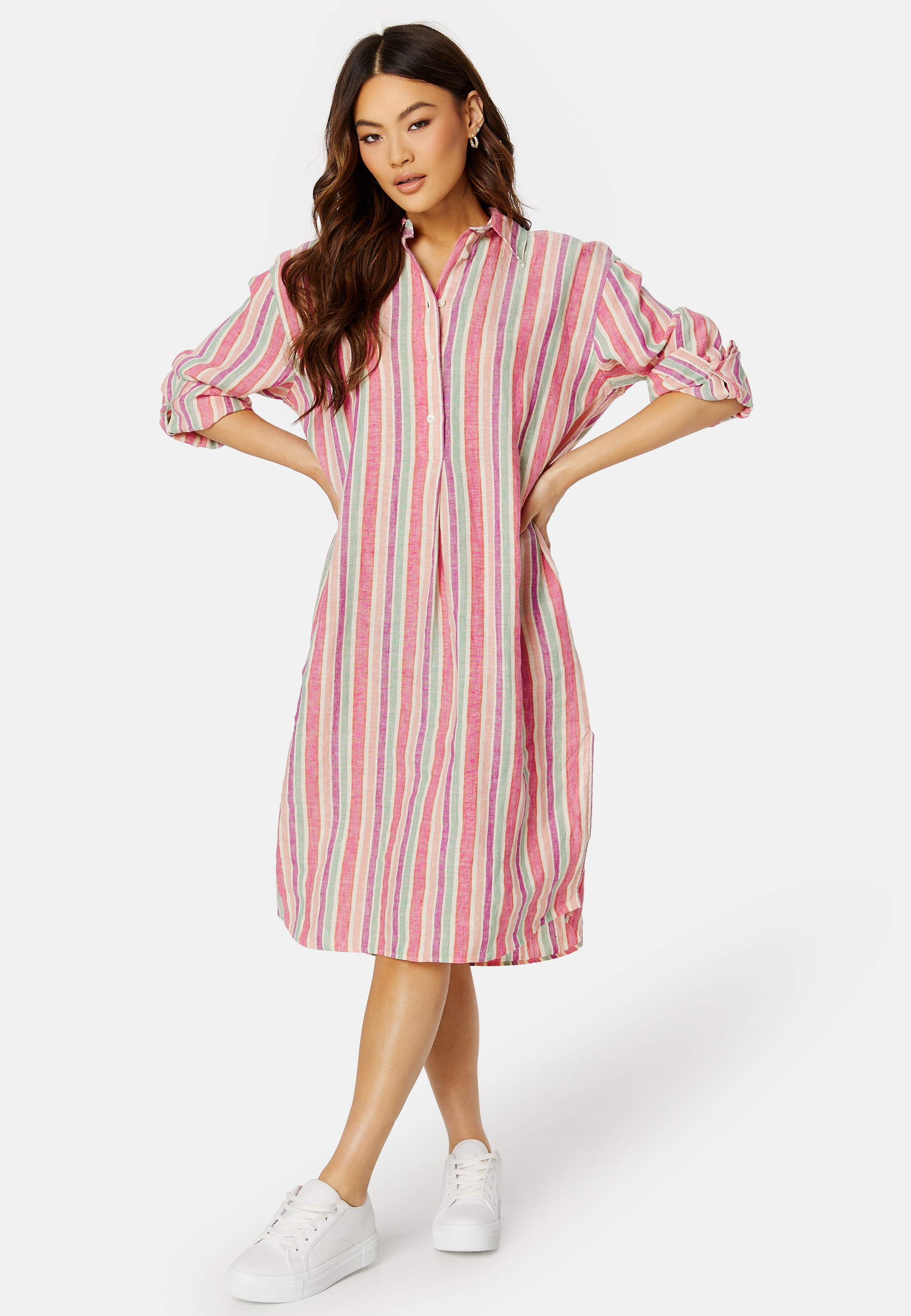 Multistrip Linen Shirt Dress