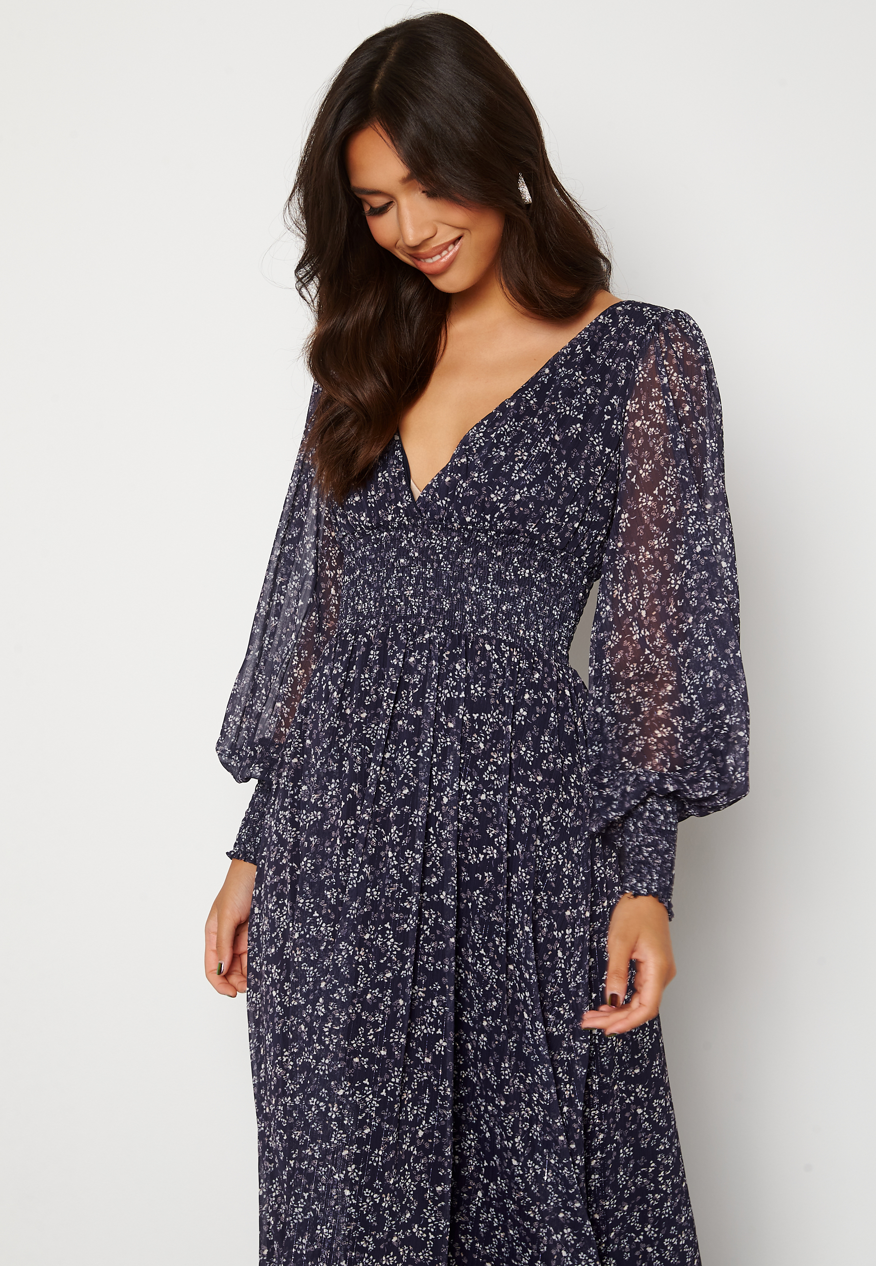 Ditsy Long Sleeve Shirred Maxi Dress 2