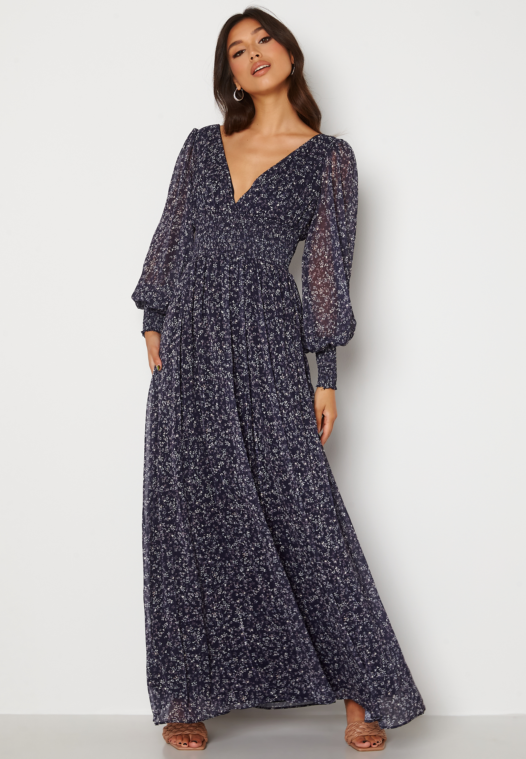 Ditsy Long Sleeve Shirred Maxi Dress 4