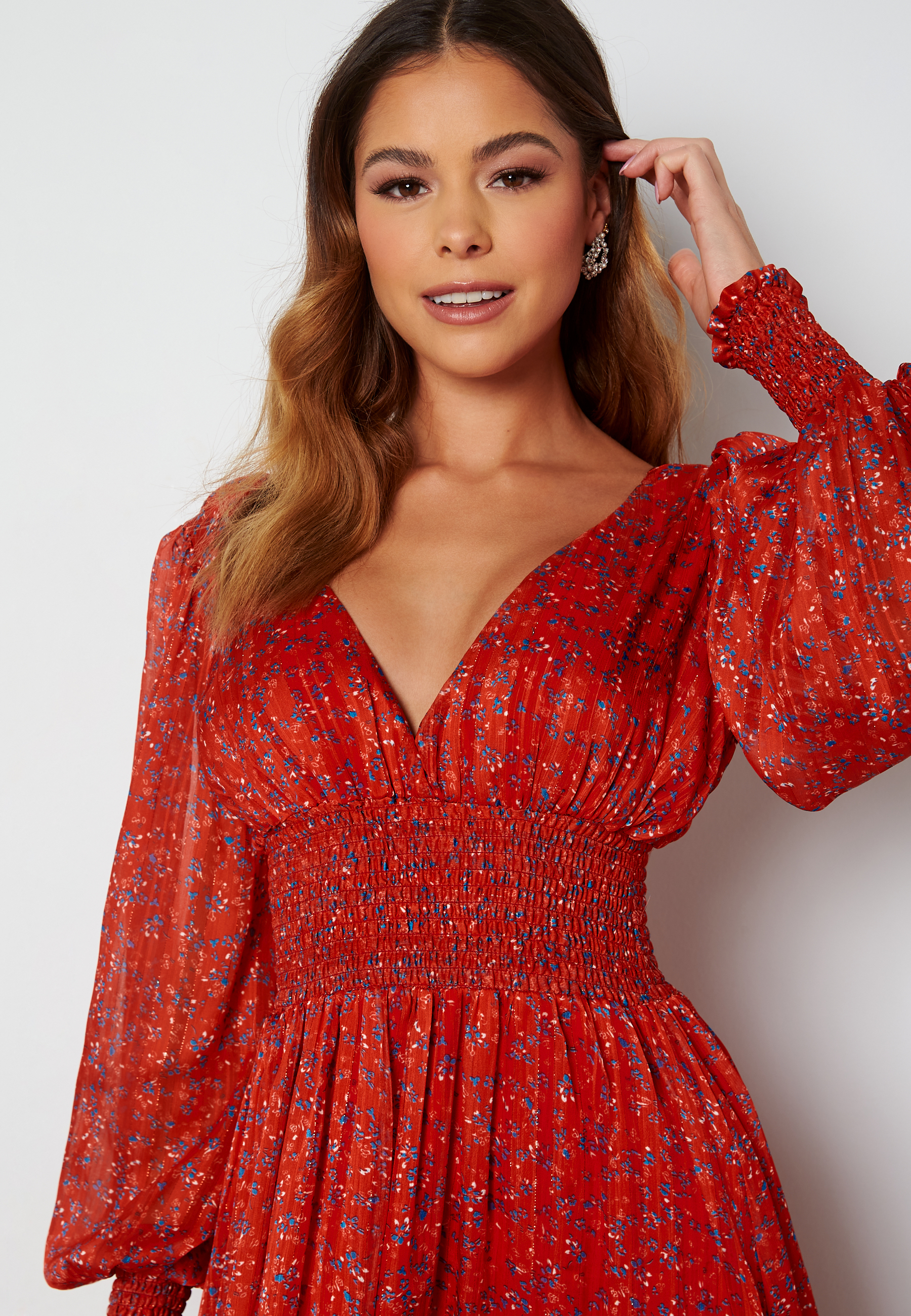 Ditsy Long Sleeve Shirred Maxi Dress 3