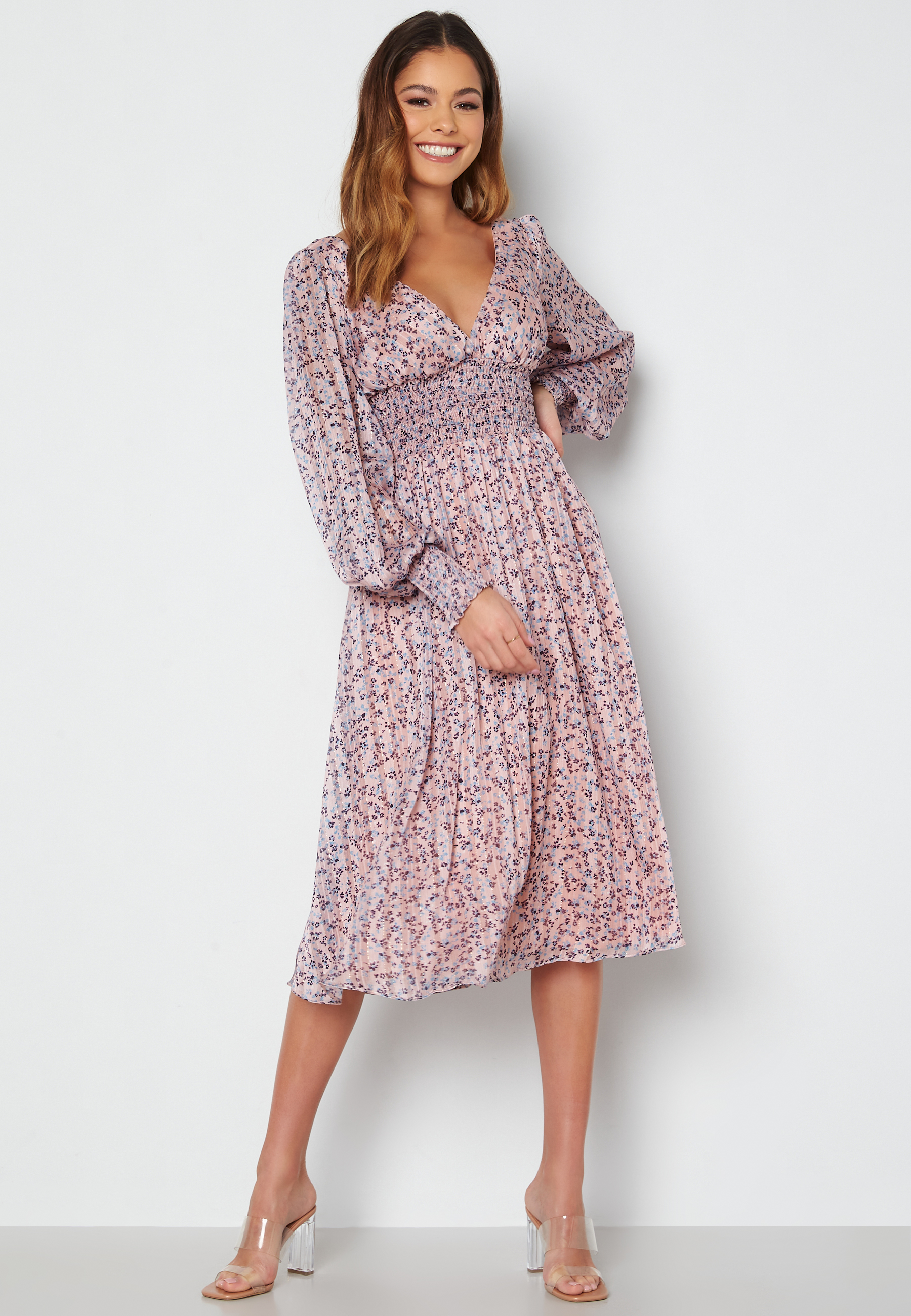 Ditsy Long Sleeve Shirred Midi Dress