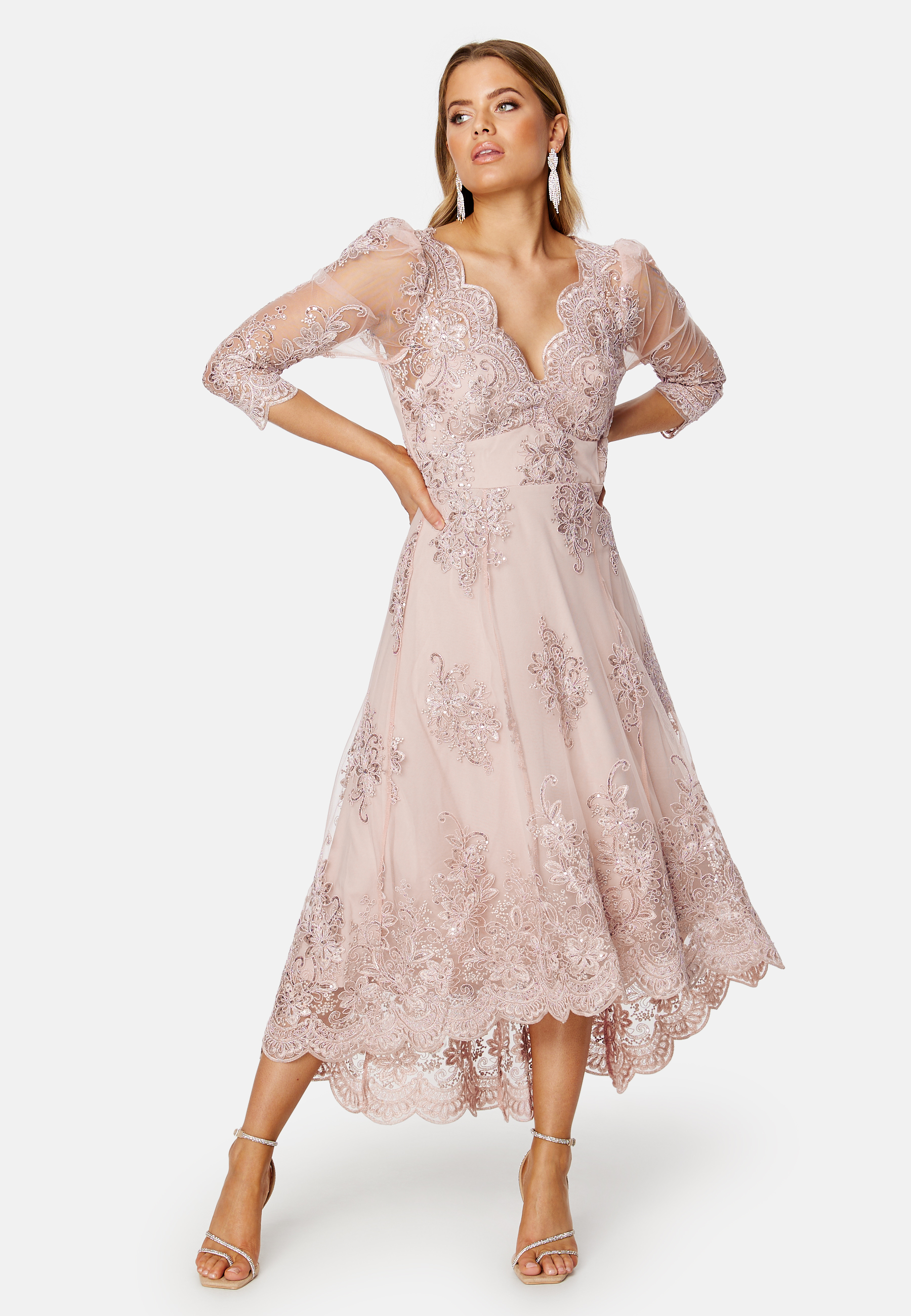 Embroidered Lace 3/4 Sleeve Midi Dress