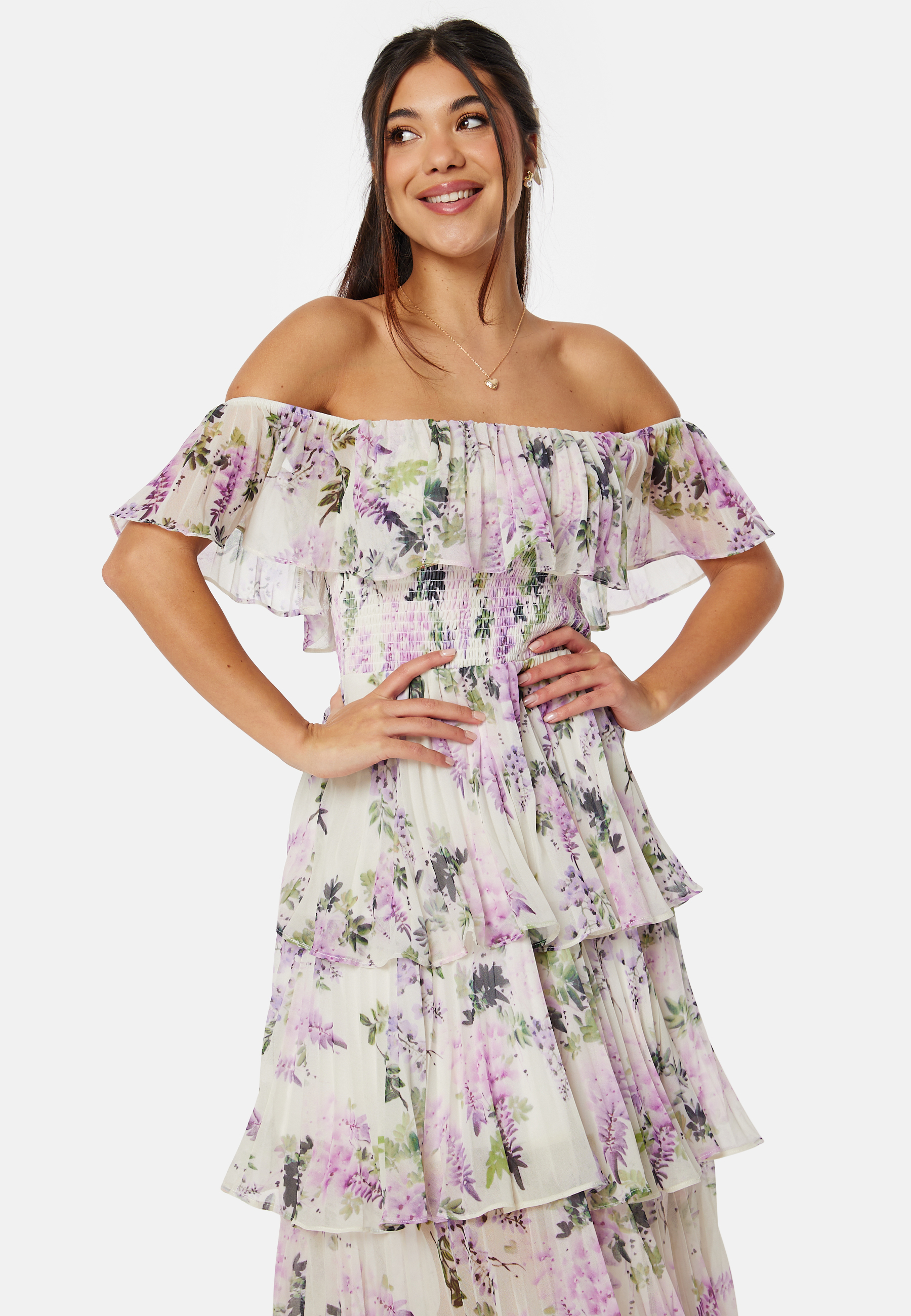 Floral Bardot Pleated Midi Dress 2
