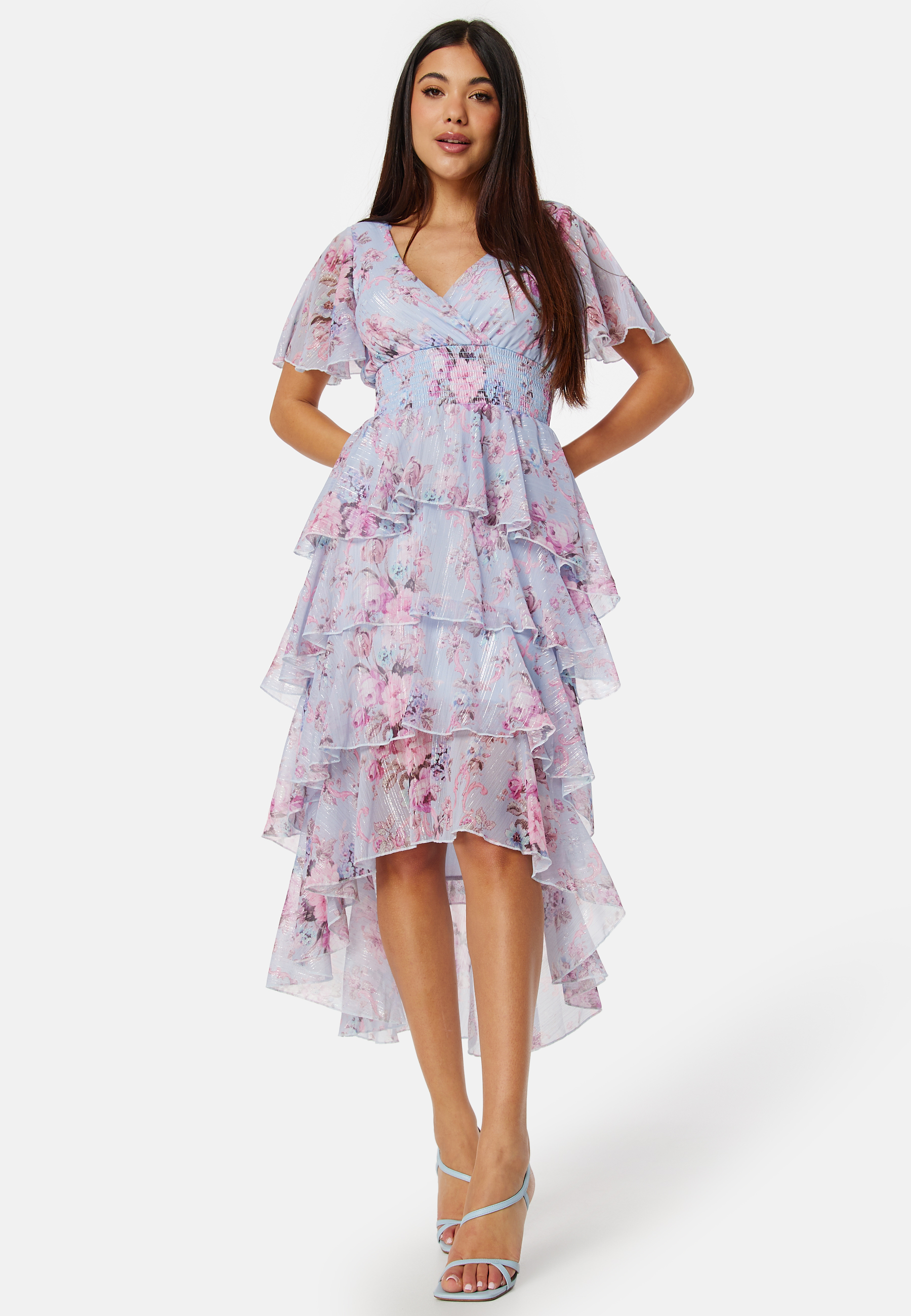 Floral Flutter Tiered High Low Dress