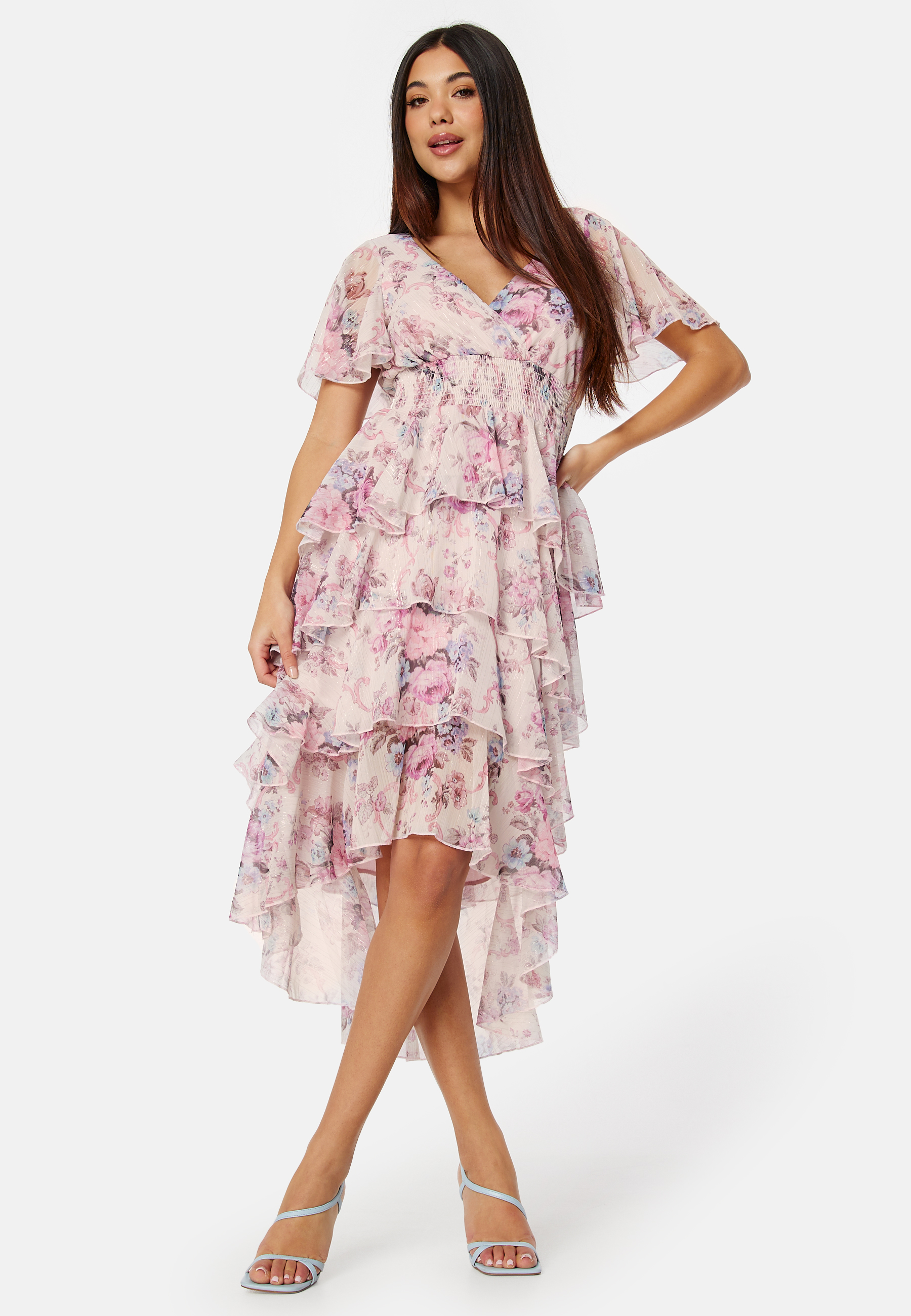 Floral Flutter Tiered High Low Dress