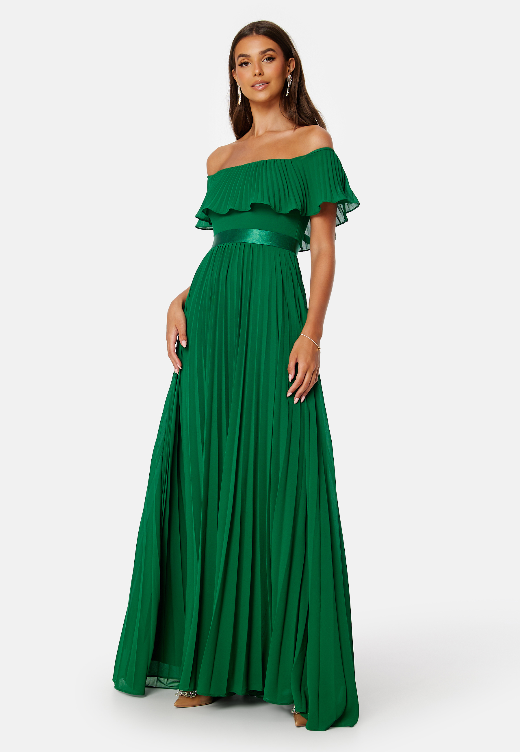Pleated Chiffon Off Shoulder Maxi Dress