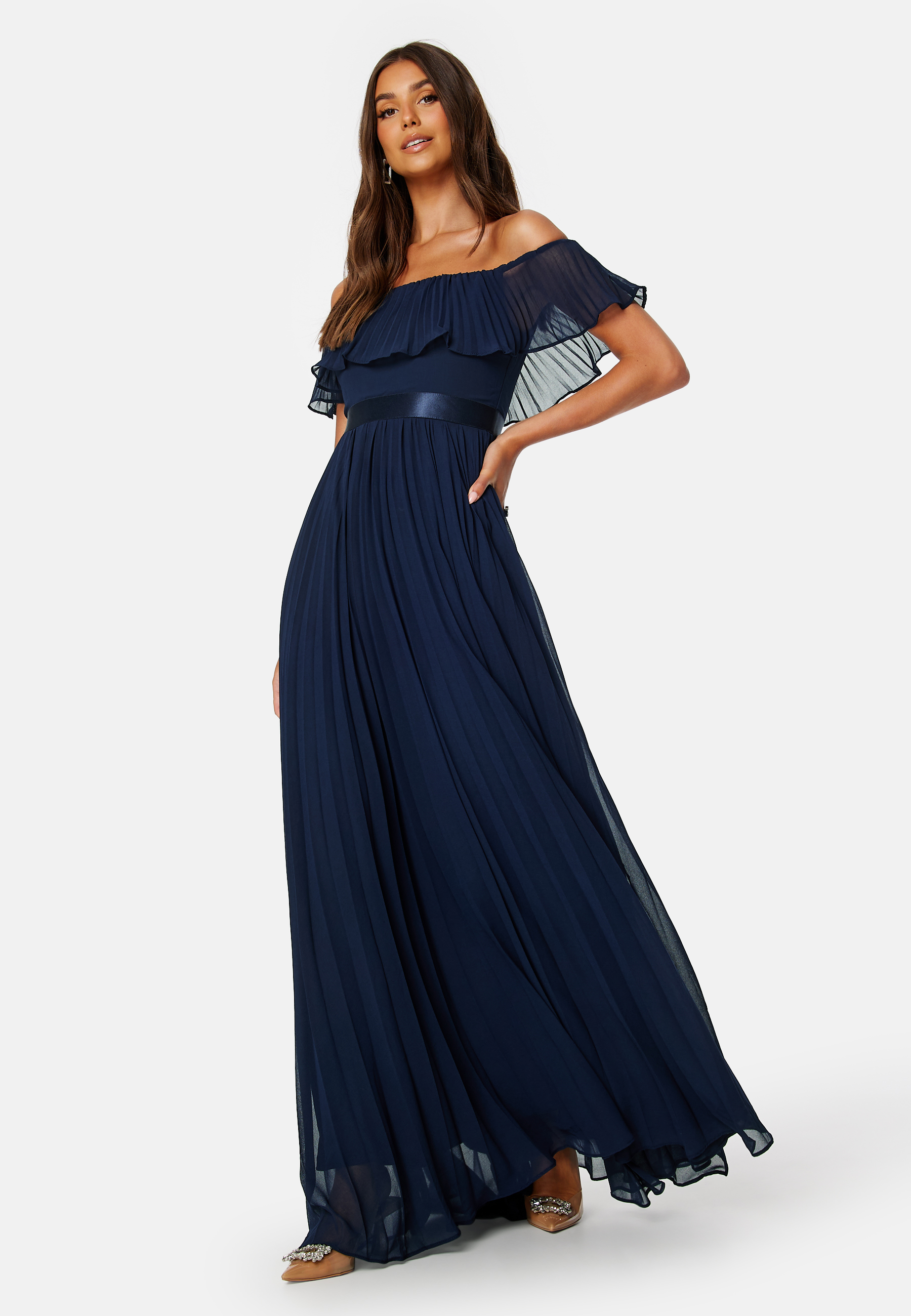 Pleated Chiffon Off Shoulder Maxi Dress