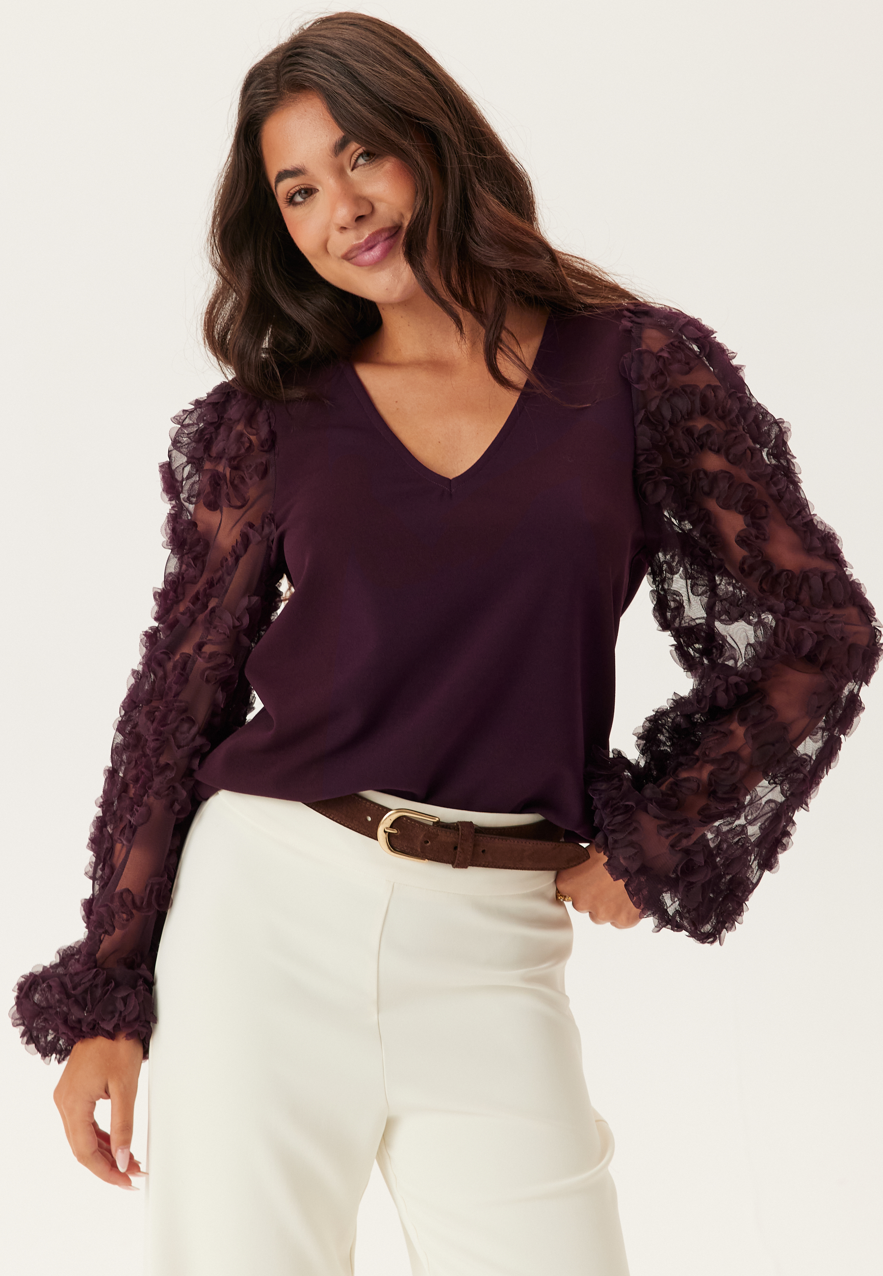 3D Floral Sleeve V-neck Top 5