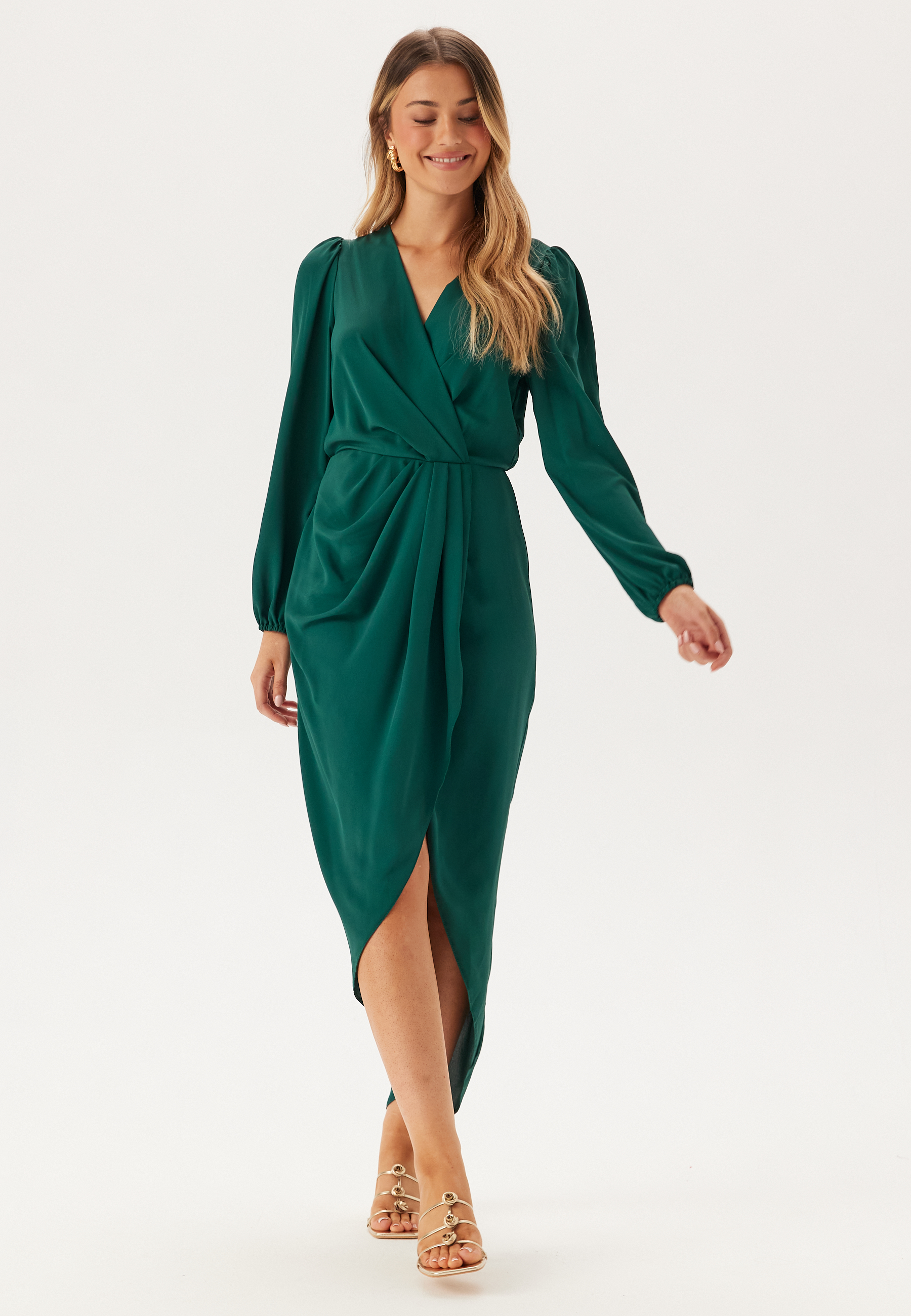 Balloon Sleeve Wrap Front Maxi Dress