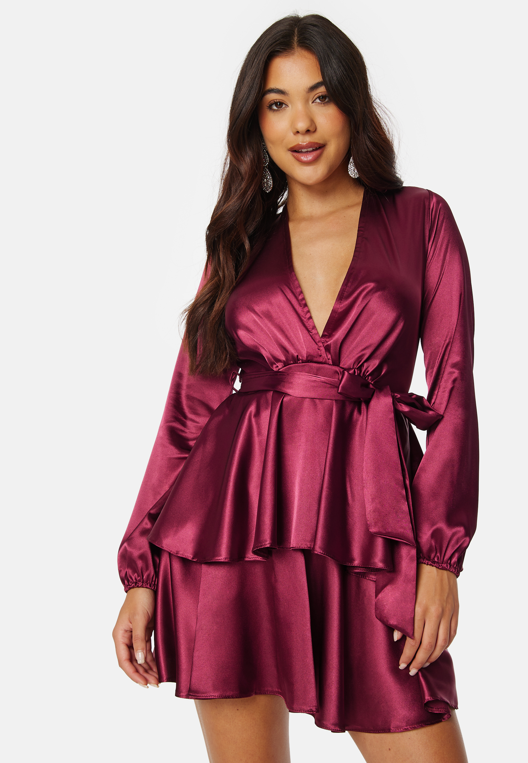 Satin Sequin Deep V Ruffle Skater Dress
