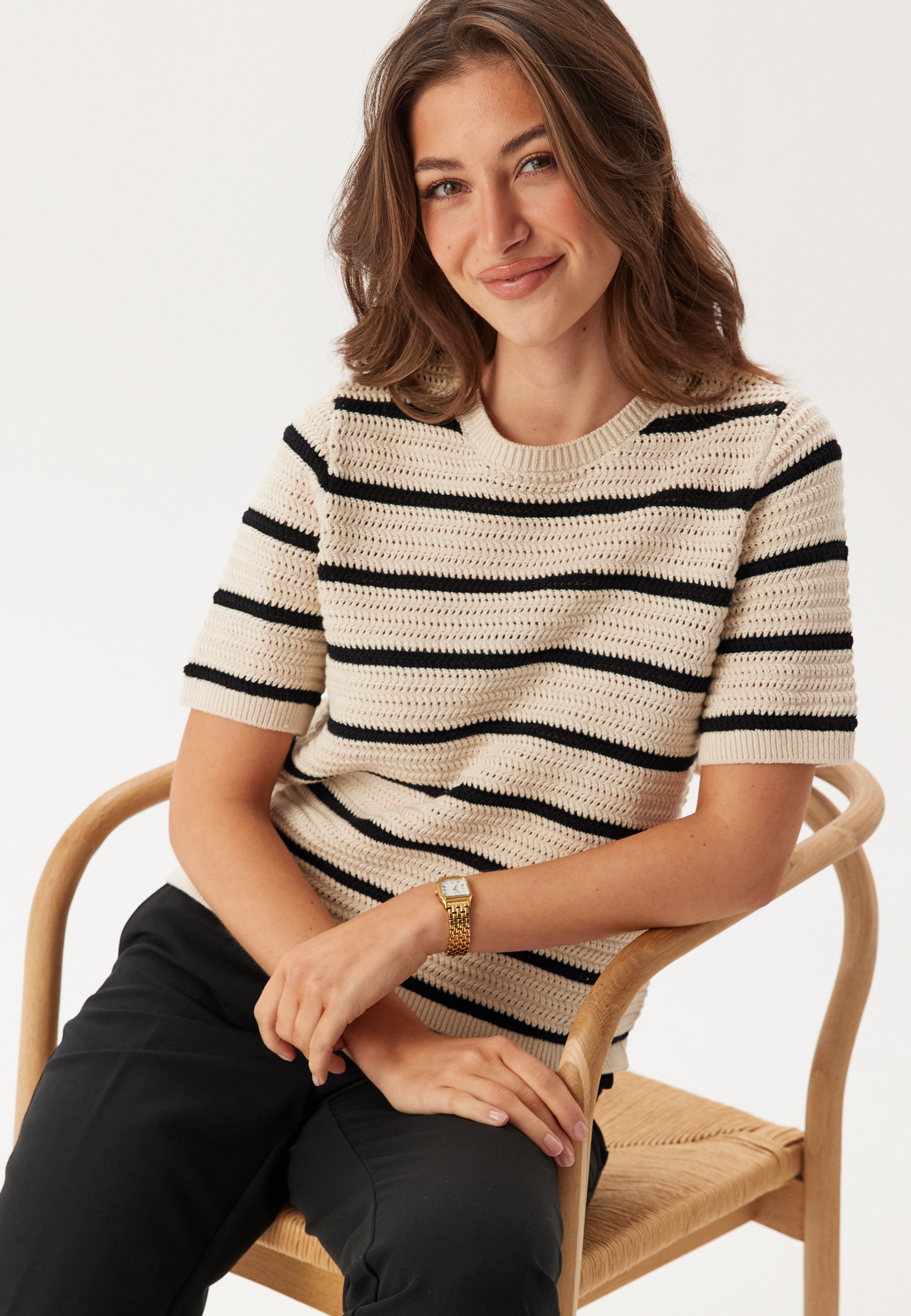 Produktfoto för Selected Femme - SLFVinna SS Structure Knit O-Neck NOOS - T-shirt - Birch/Black - XS